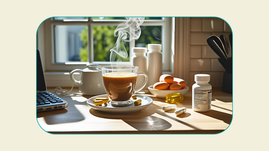 Morning kitchen counter with coffee mug, laptop, supplements, and pill bottle — representing everyday habits that may unknowingly disrupt gut health.