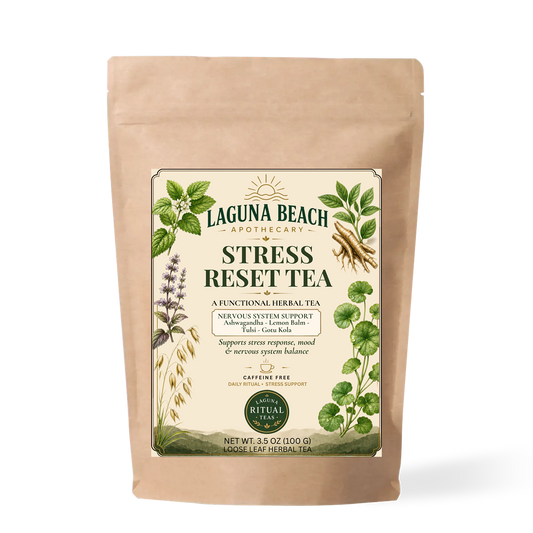 Stress Reset caffeine-free stress support herbal tea pouch by Laguna Beach Apothecary