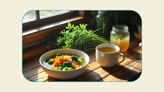 Sunlit kitchen table with steamed vegetables, bone broth, chamomile tea, and herbs—evoking calm and gut healing.