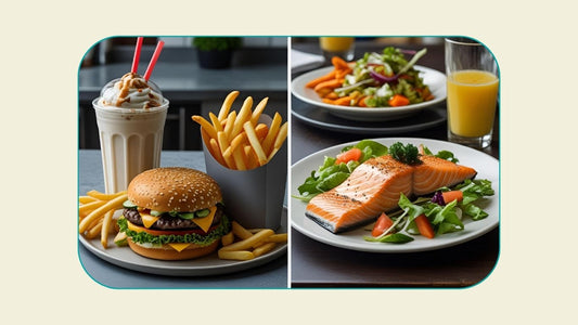 Healthy vs. unhealthy food on a sunlit kitchen table—salmon and veggies beside burger, fries, and a milkshake.