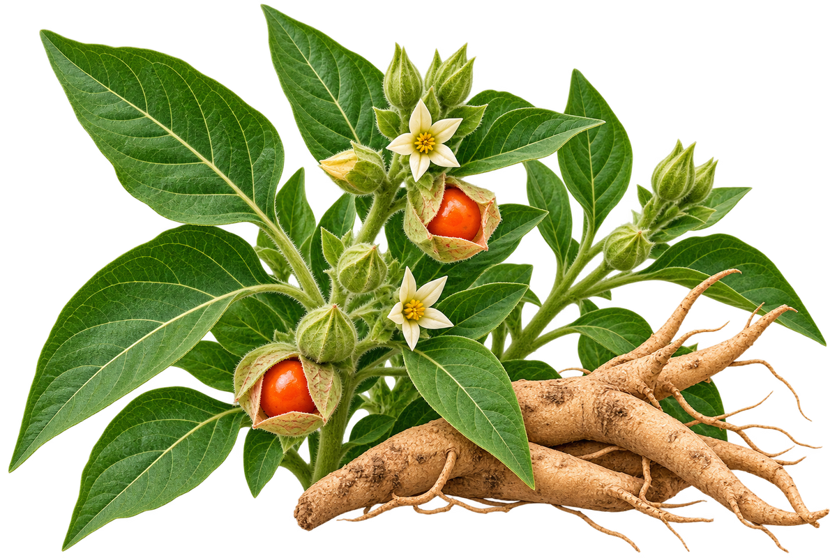 A botanical-style illustration of an Ashwagandha plant with green leaves, small white flowers, orange-red berries in green calyces, and a large tan root system on a transparent background.