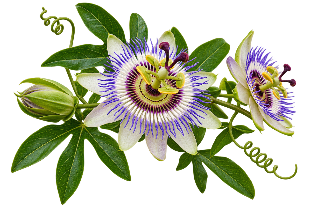 Passionflower vine with green leaves, curling tendrils, and distinctive purple and white flowers