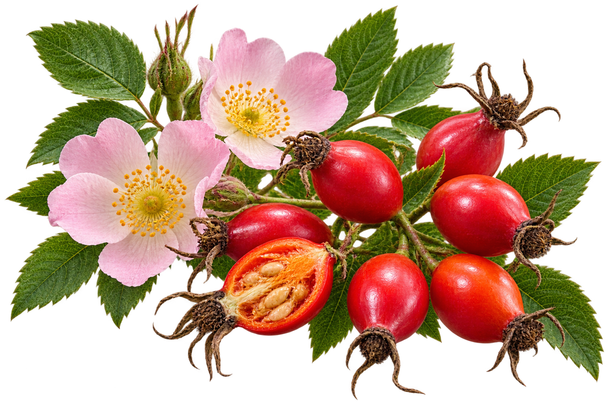 Rosehip branch with bright red rosehips, pink wild rose flowers, green leaves, and a cut rosehip showing its seeds on a transparent background.
