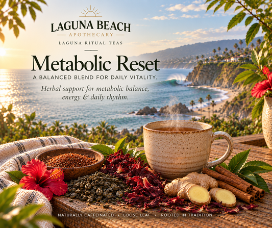 Metabolic Reset naturally caffeinated herbal tea by Laguna Beach Apothecary with green tea, rooibos, hibiscus, ginger, cinnamon, and the Laguna Beach coastline