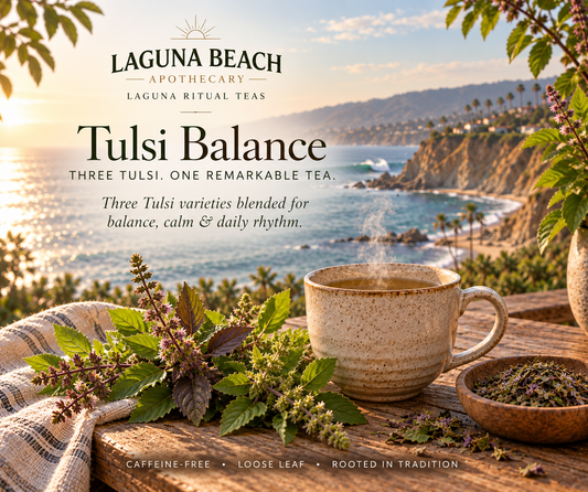 Tulsi Balance caffeine-free Holy Basil tea by Laguna Beach Apothecary with three Tulsi varieties, a steaming cup, and the Laguna Beach coastline