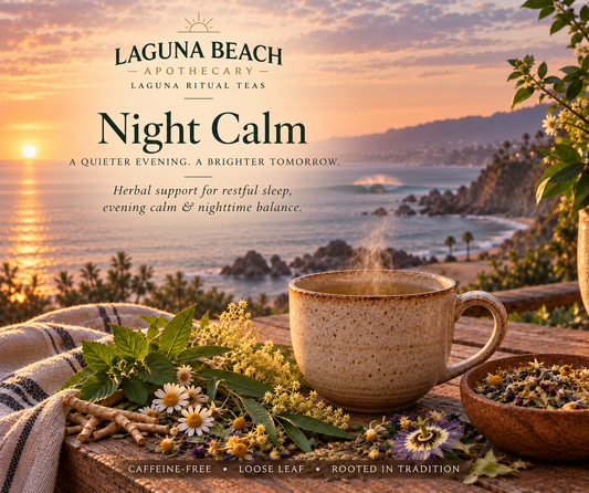 Night Calm caffeine-free sleep support herbal tea by Laguna Beach Apothecary with chamomile, passionflower, a steaming cup, and the Laguna Beach coastline at sunset