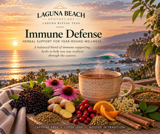 Immune Defense caffeine-free immune support herbal tea by Laguna Beach Apothecary with elderberry, echinacea, ginger, rosehips, orange, and the Laguna Beach coastline