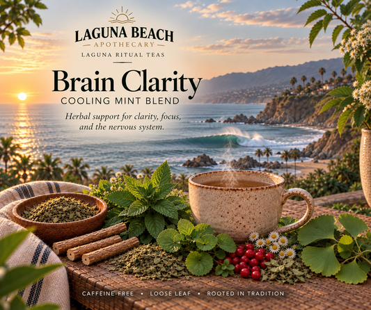 Brain Clarity Cooling Mint caffeine-free herbal tea by Laguna Beach Apothecary with peppermint, lemon balm, whole herbs, and the Laguna Beach coastline