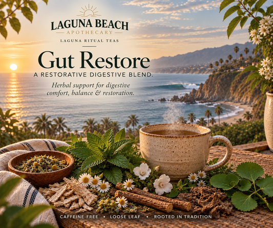 Gut Restore caffeine-free digestive support herbal tea by Laguna Beach Apothecary with chamomile, peppermint, marshmallow root, whole herbs, and the Laguna Beach coastline