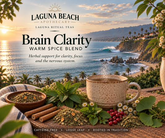 Brain Clarity Warm Spice caffeine-free herbal tea by Laguna Beach Apothecary with cinnamon, ginger, whole herbs, and the Laguna Beach coastline