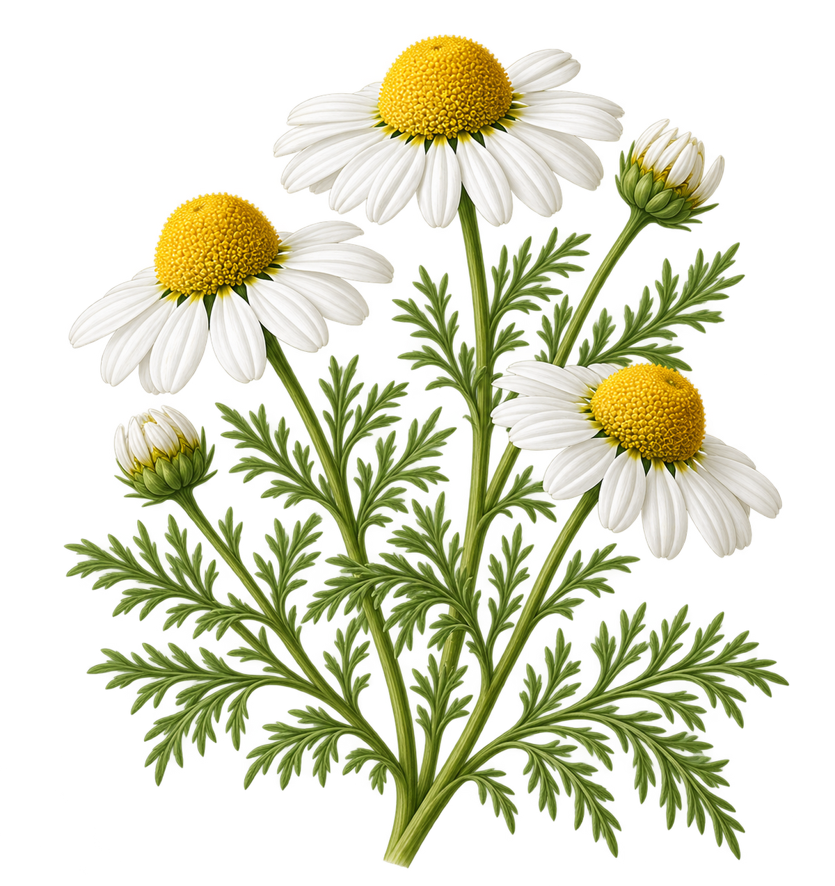 Chamomile flowers and green leaves shown as a botanical herb illustration