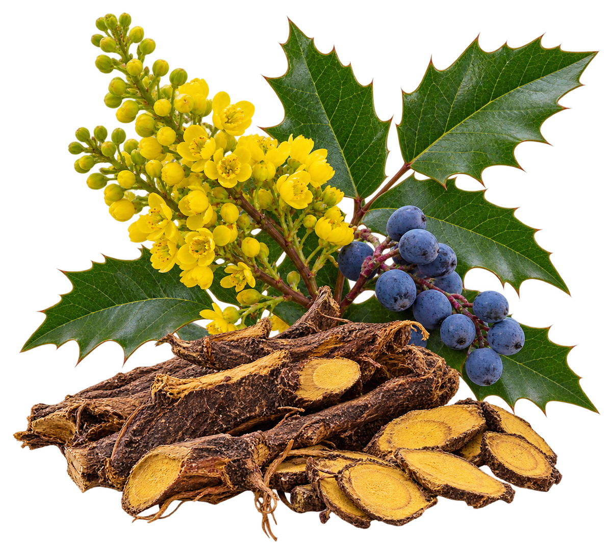 Oregon grape plant with yellow flowers, blue berries, holly-like leaves and Oregon grape root