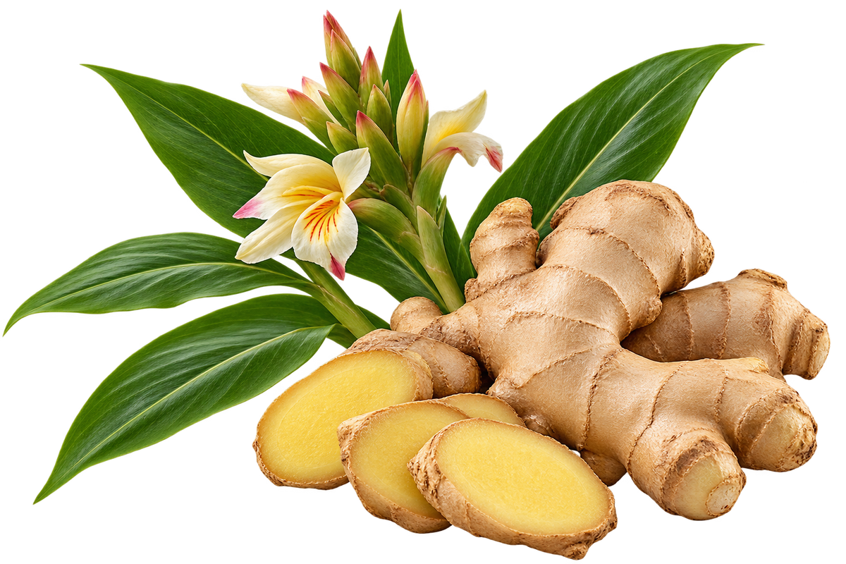 Ginger Root: Ginger plant with green leaves and pale flowers alongside fresh ginger rhizomes and sliced ginger root
