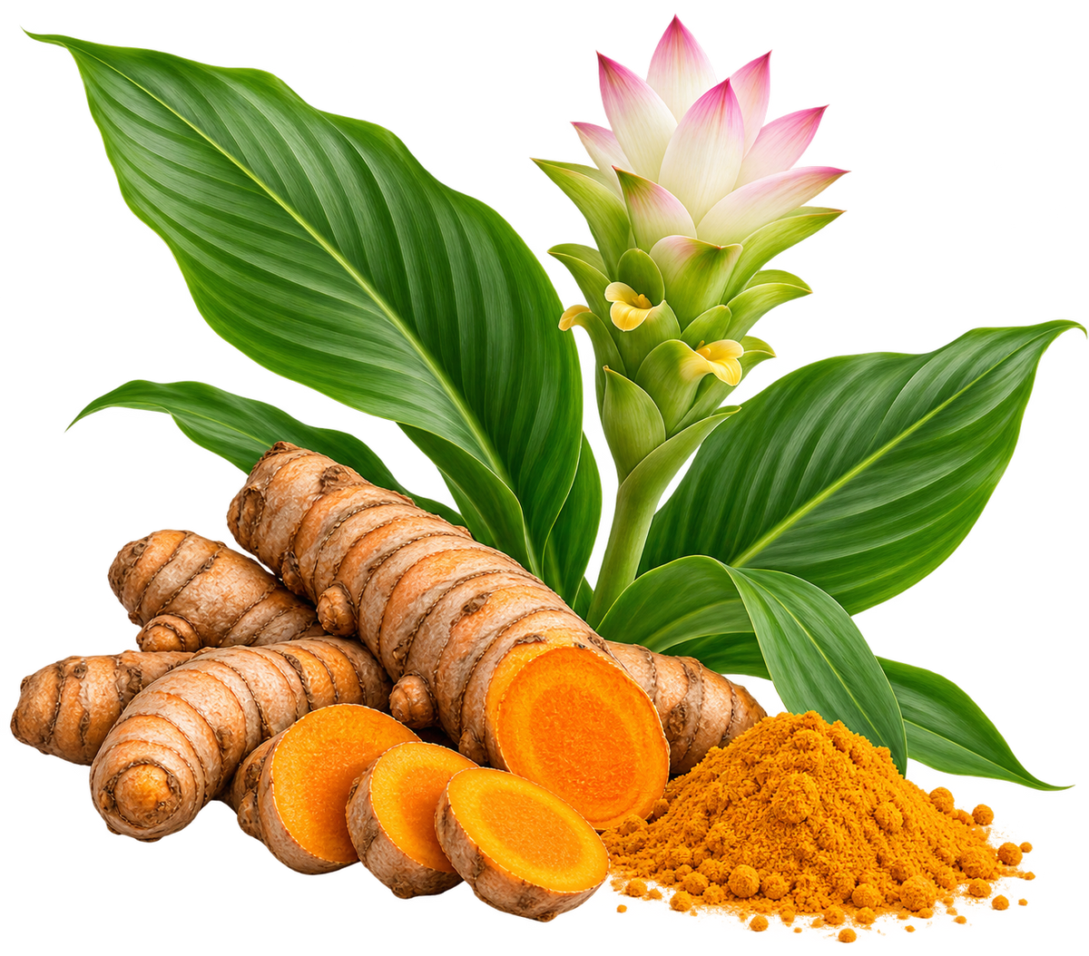 Turmeric root, sliced turmeric showing bright orange flesh, a pile of ground turmeric powder, green leaves, and a pink-and-white flower on a plain white background.