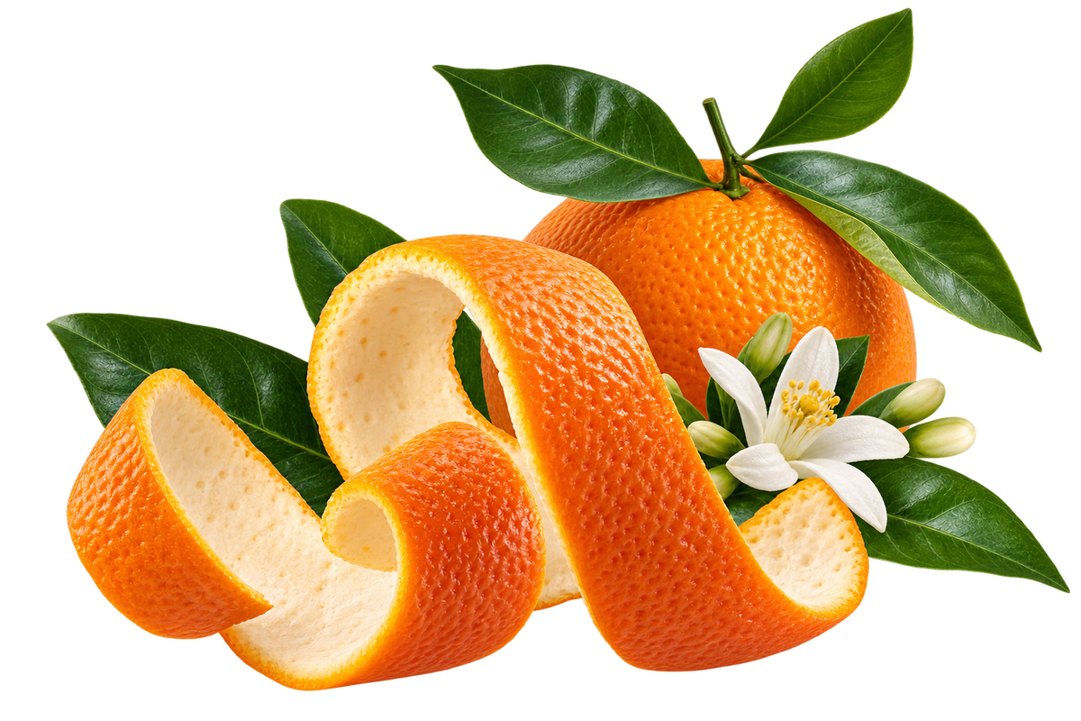 Fresh orange with curled orange peel, glossy citrus leaves, and a delicate white orange blossom.