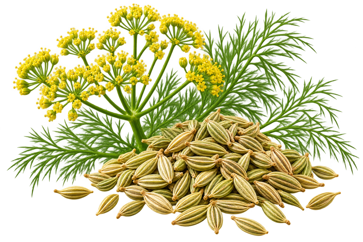 Fennel seeds with a flowering fennel plant, golden-yellow umbels, and delicate feathery leaves.