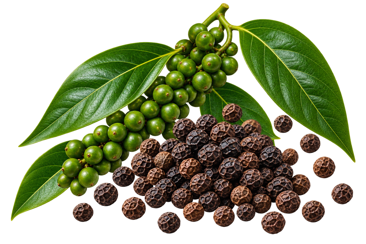A cluster of green peppercorns on a branch with two large green leaves, shown beside a pile of dried black peppercorns on a transparent background.