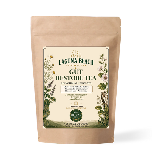 Gut Restore caffeine-free herbal tea pouch by Laguna Beach Apothecary