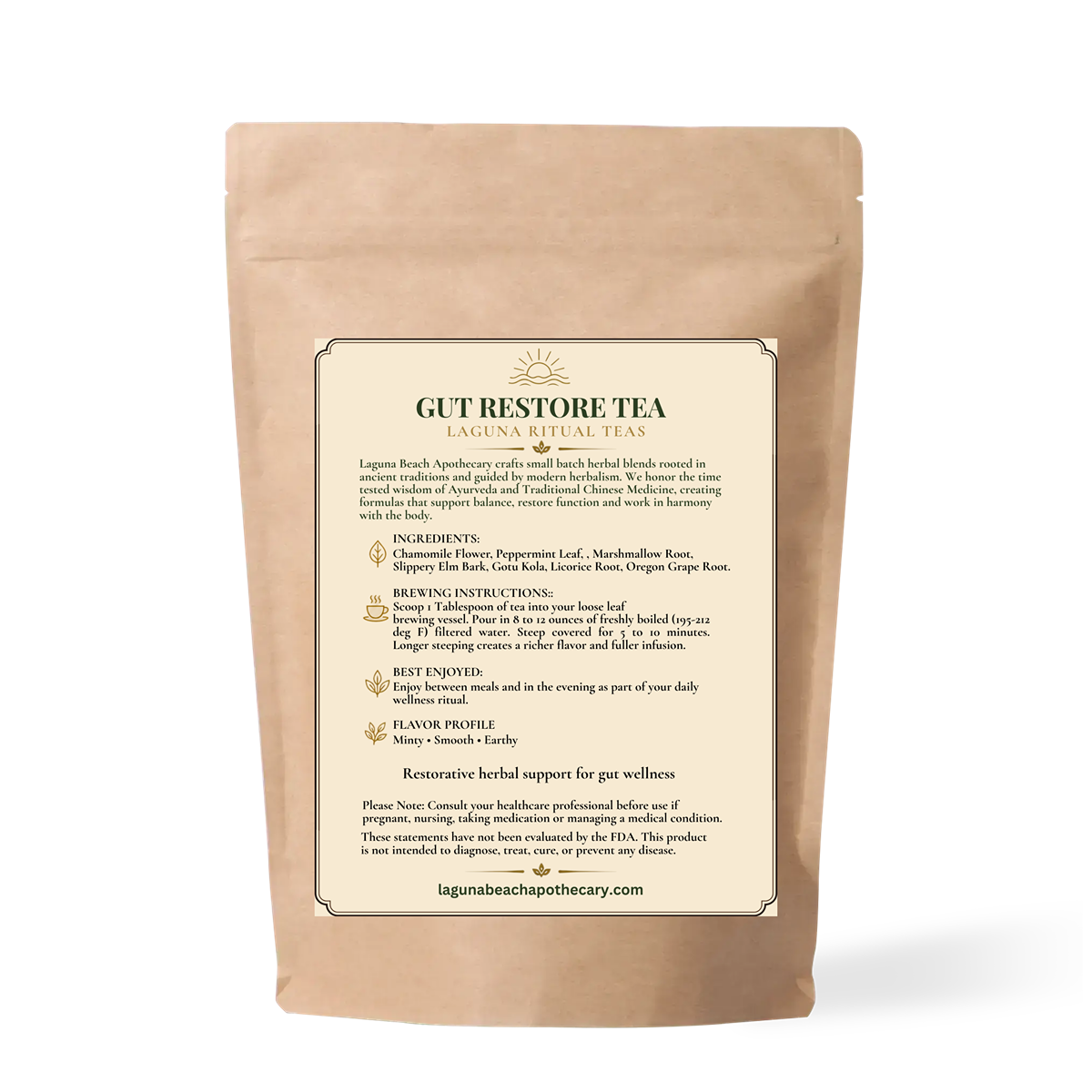 Gut Restore herbal tea back pouch label with ingredients, brewing instructions, best enjoyed, and flavor profile
