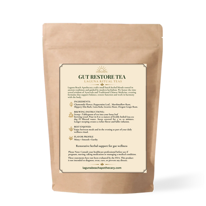 Gut Restore herbal tea back pouch label with ingredients, brewing instructions, best enjoyed, and flavor profile